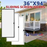 36x94 fully assembled economy sliding screen door available in white, bronze, grey, adobe, and almond colors. Custom-fit replacement for patio, apartment, condo, or house, featuring durable construction, easy installation, and optional pet screen or fiberglass screening. Smooth-gliding with upgradeable metal or plastic rollers; ideal for large 8-foot openings.
