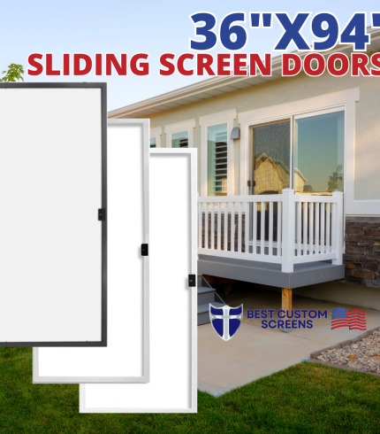 36x94 fully assembled economy sliding screen door available in white, bronze, grey, adobe, and almond colors. Custom-fit replacement for patio, apartment, condo, or house, featuring durable construction, easy installation, and optional pet screen or fiberglass screening. Smooth-gliding with upgradeable metal or plastic rollers; ideal for large 8-foot openings.