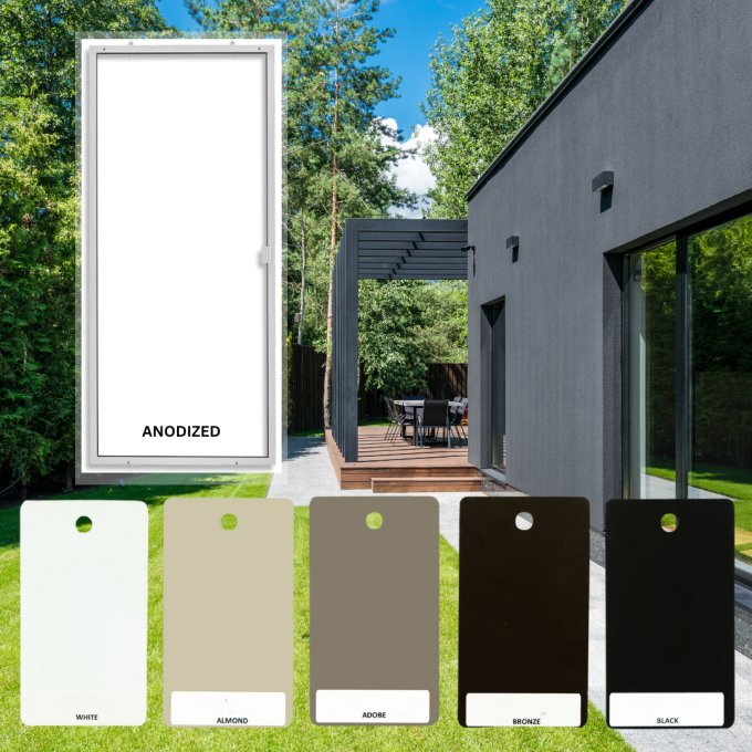 Heavy Duty Sliding Screen Door Color Option: Available in White, Anodized, Bronze, Black, Almond/Tan, and Adobe.