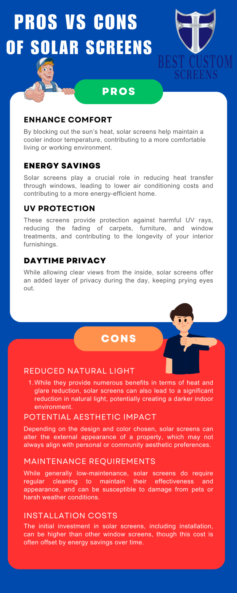 Pros and Cons of Solar Screens Thumbs up and down