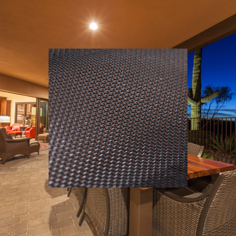 Desert House Textilene 80 and 90 Black Brown A picturesque desert patio in Arizona or Nevada featuring a sliding glass door, paver flooring, and wicker chairs, showcasing the versatility of Textilene fabric. Overlaying the image are swatches of Textilene fabric in Black Brown, demonstrating options for solar screens and outdoor shades.