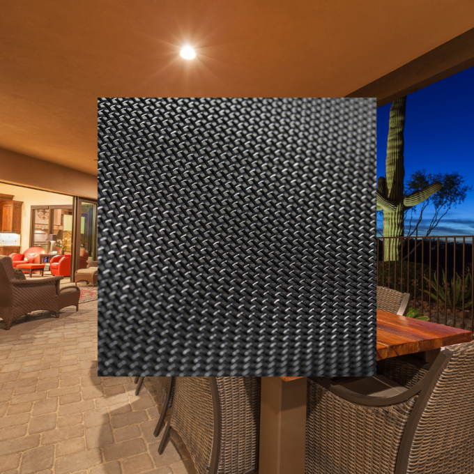 Desert House Textilene 80 and 90 Black A picturesque desert patio in Arizona or Nevada featuring a sliding glass door, paver flooring, and wicker chairs, showcasing the versatility of Textilene fabric. Overlaying the image are swatches of Textilene fabric in Black demonstrating options for solar screens and outdoor shades.