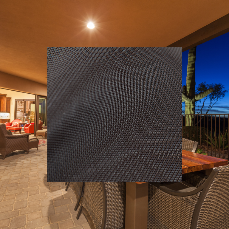Desert House Textilene 80 and 90 Brown A picturesque desert patio in Arizona or Nevada featuring a sliding glass door, paver flooring, and wicker chairs, showcasing the versatility of Textilene fabric. Overlaying the image are swatches of Textilene fabric in Brown, demonstrating options for solar screens and outdoor shades.