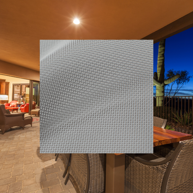 Desert House Textilene 80 and 90 Gray A picturesque desert patio in Arizona or Nevada featuring a sliding glass door, paver flooring, and wicker chairs, showcasing the versatility of Textilene fabric. Overlaying the image are swatches of Textilene fabric in Gray demonstrating options for solar screens and outdoor shades.
