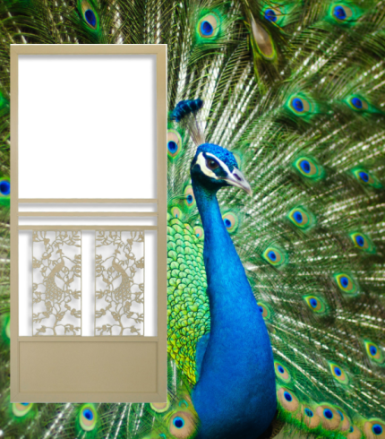 Tan El Dorado Screen Door - Swinging with Peacock Design Colorful