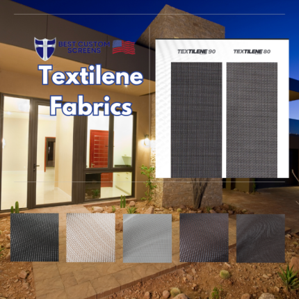 A picturesque desert patio in Arizona or Nevada featuring a sliding glass door, paver flooring, and wicker chairs, showcasing the versatility of Textilene fabric. Overlaying the image are swatches of Textilene fabric in six colors: Desert Sand, Black, Brown, Gray, Sandstone, and Black Brown, demonstrating options for solar screens and outdoor shades.