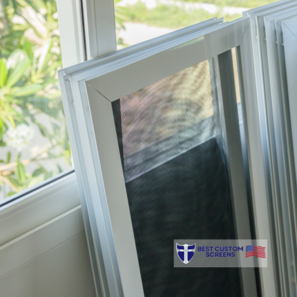 Window screens for vinyl and aluminum windows with 5/16" and 3/8" frames, showcasing a durable design and custom fit for optimal insect protection.
